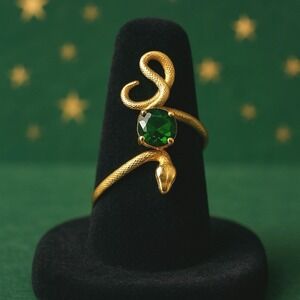 New 7 Snake Ring Gold Tone Emerald Green Stone Slytherin Dark Mark Wrap Winding